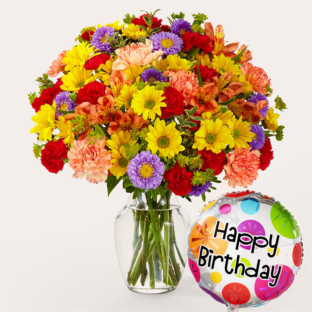 Kaleidoscope Bouquet with Birthday Balloon – Two Flower Girls, Skokie IL