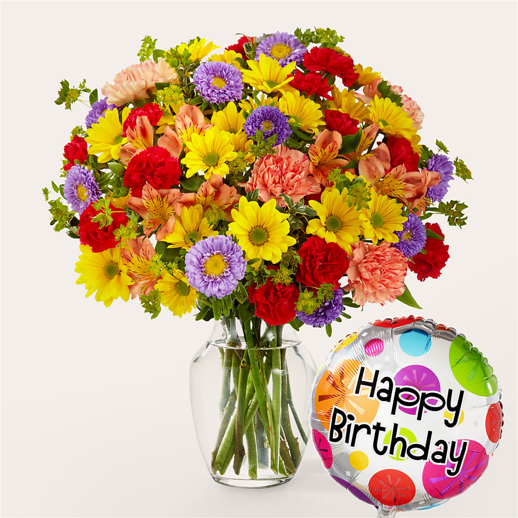 Kaleidoscope Bouquet with Birthday Balloon – Two Flower Girls, Skokie IL