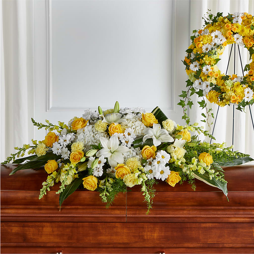 Golden Harmony Casket Spray – Two Flower Girls, Skokie IL