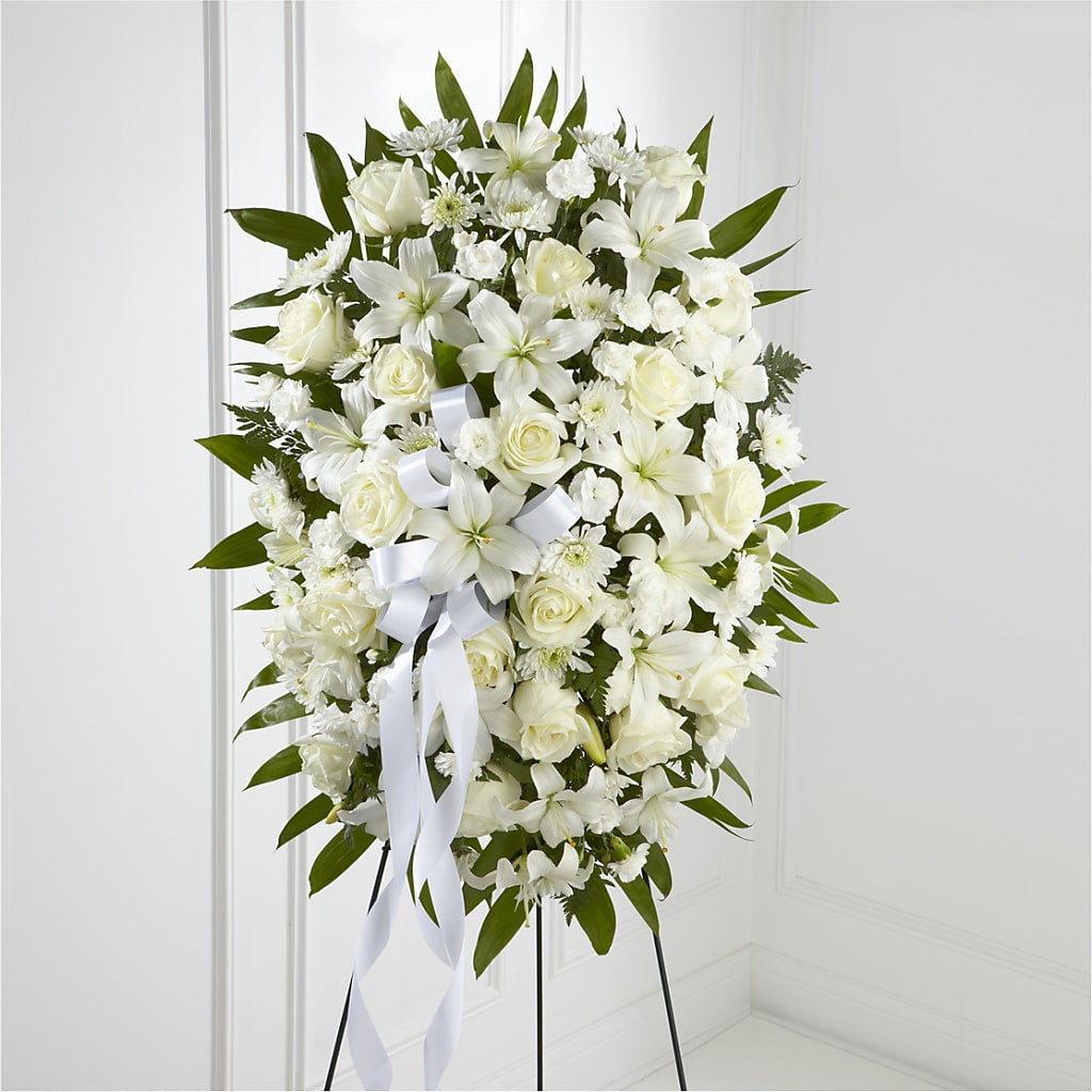 Exquisite Tribute Standing Spray-White Ribbon – Two Flower Girls, Skokie IL