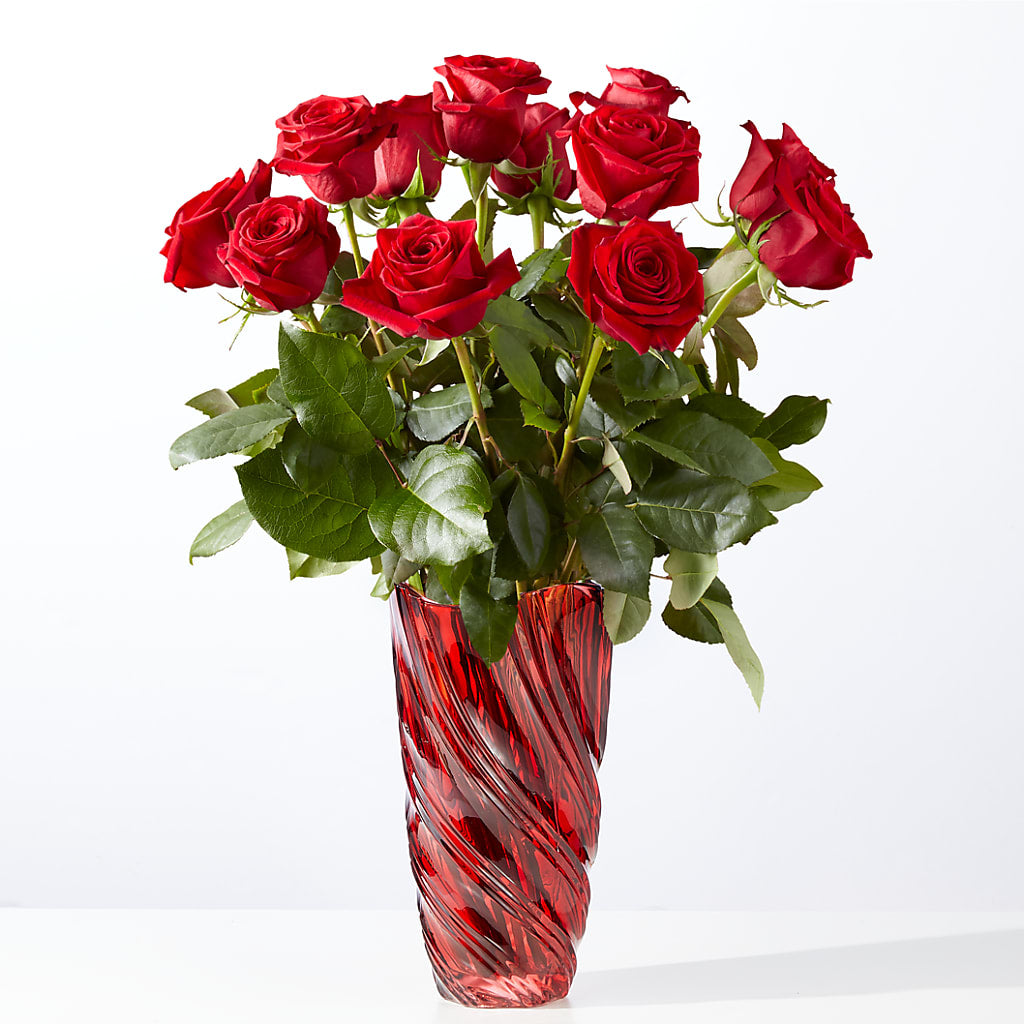 Classic Love Red Rose Bouquet with Luxe Swirl Vase – Two Flower Girls, Skokie IL