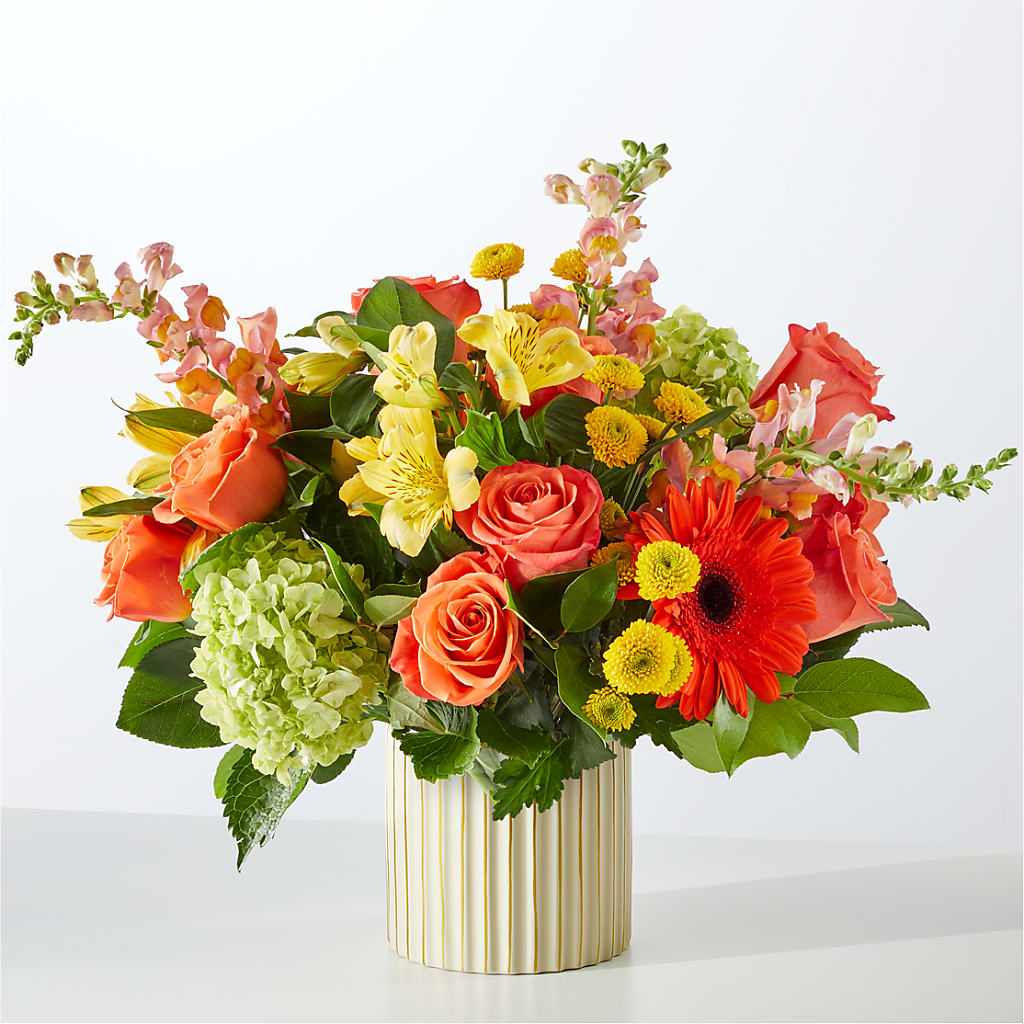 Autumn Sunshine Bouquet with Ivory Vase – Two Flower Girls, Skokie IL
