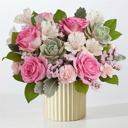 Dusty Rose Bouquet with Ivory Vase –  Two Flower Girls, Skokie IL