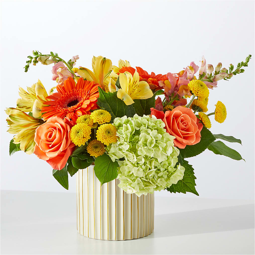 Autumn Sunshine Bouquet with Ivory Vase –  Two Flower Girls, Skokie IL