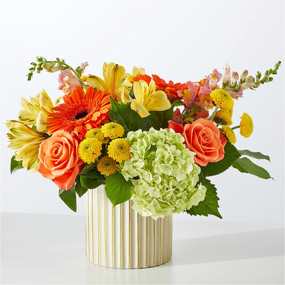 Autumn Sunshine Bouquet with Ivory Vase –  Two Flower Girls, Skokie IL