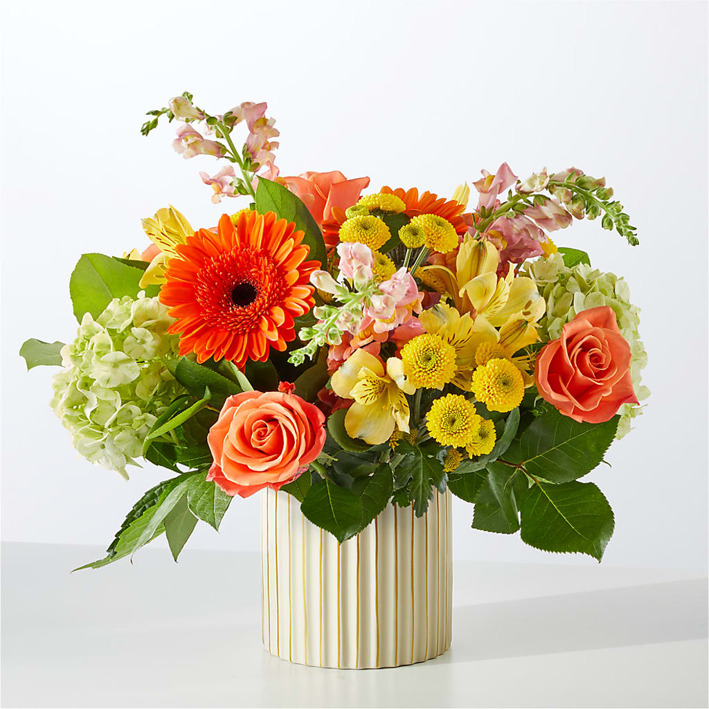 Autumn Sunshine Bouquet with Ivory Vase –  Two Flower Girls, Skokie IL