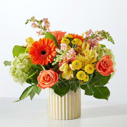 Autumn Sunshine Bouquet with Ivory Vase –  Two Flower Girls, Skokie IL